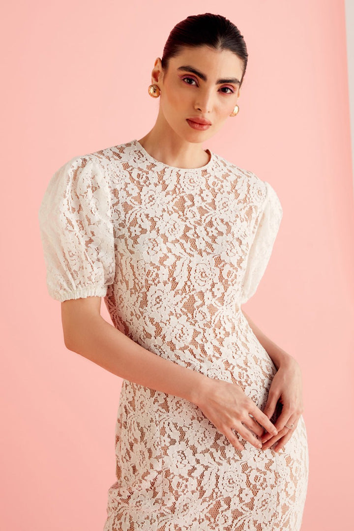 White Lace Puff Sleeve Midi Dress - Zabella