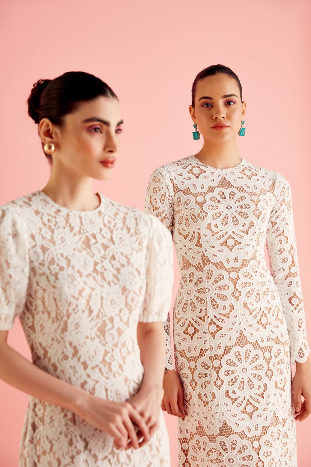 White Lace Puff Sleeve Midi Dress - Zabella