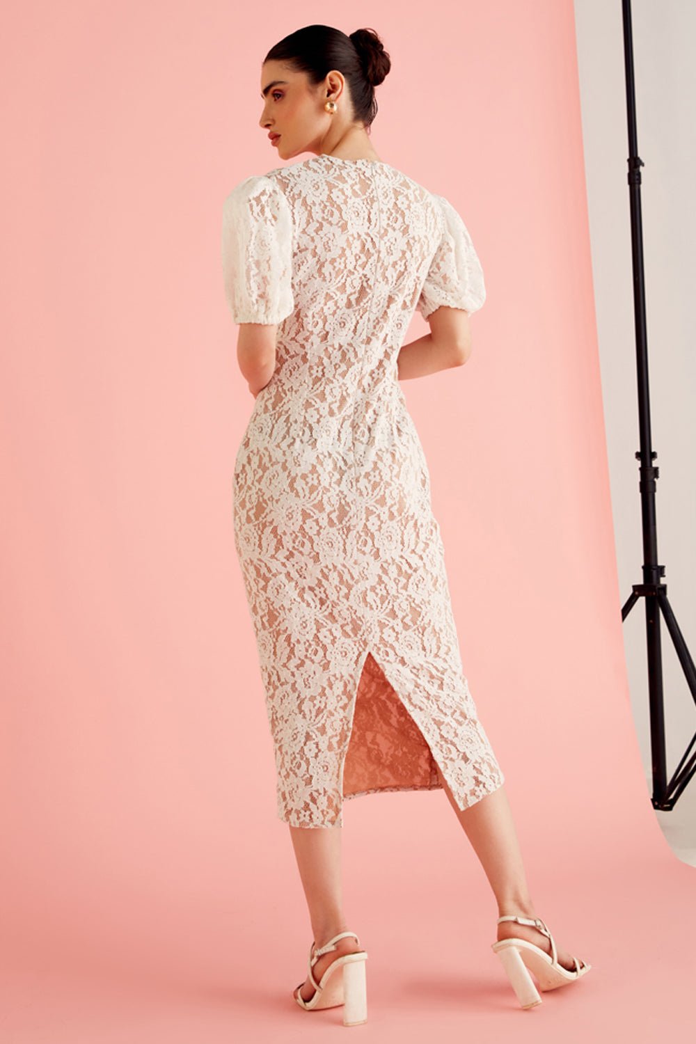 White Lace Puff Sleeve Midi Dress - Zabella
