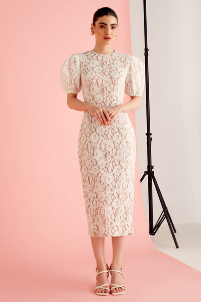 White Lace Puff Sleeve Midi Dress - Zabella