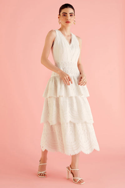 White Layered Linen And Lace Midi Dress - Zabella