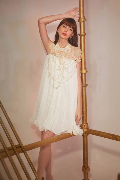White Pearl Pleated Dress - Zabella