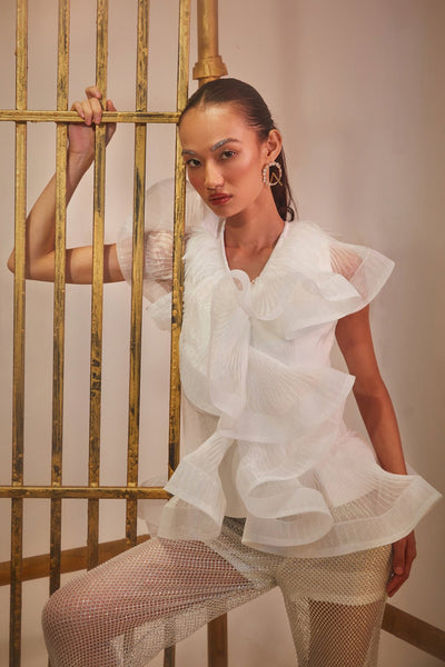 White Pleated Ruffled Top - Zabella