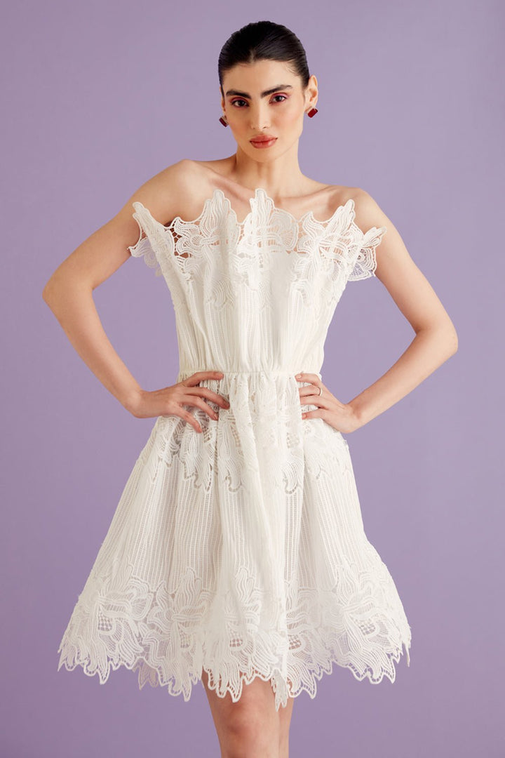 White Scallop Lace Mini Dress - Zabella
