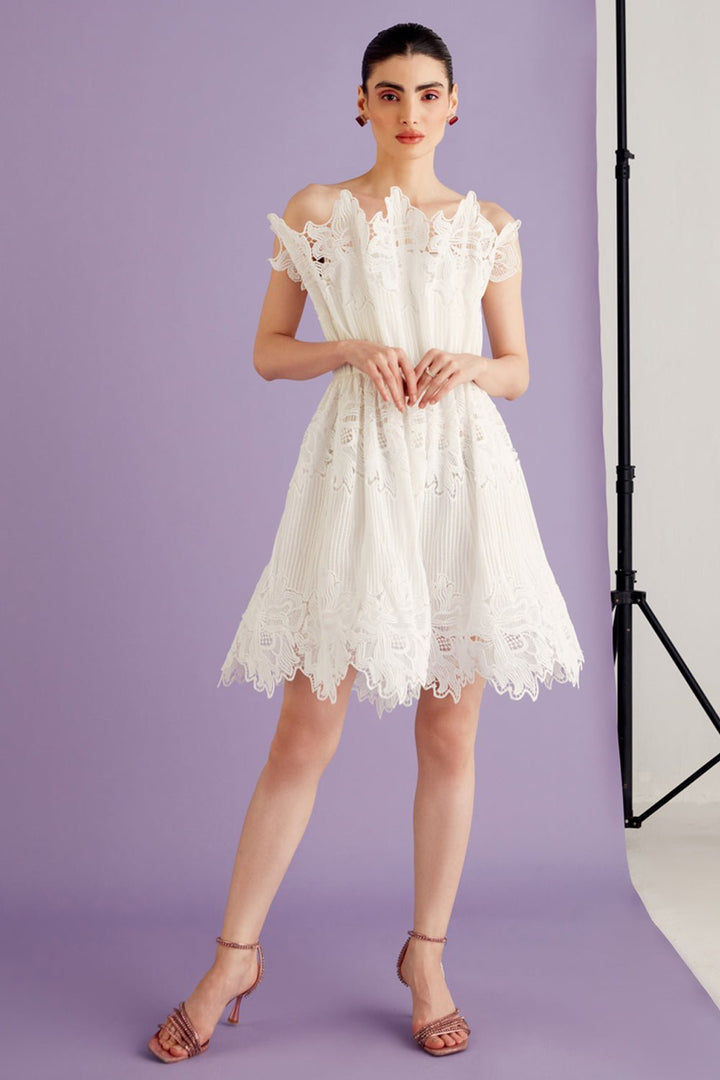 White Scallop Lace Mini Dress - Zabella