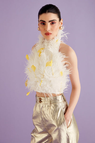 White & Yellow Halter Neck Feather Top - Zabella