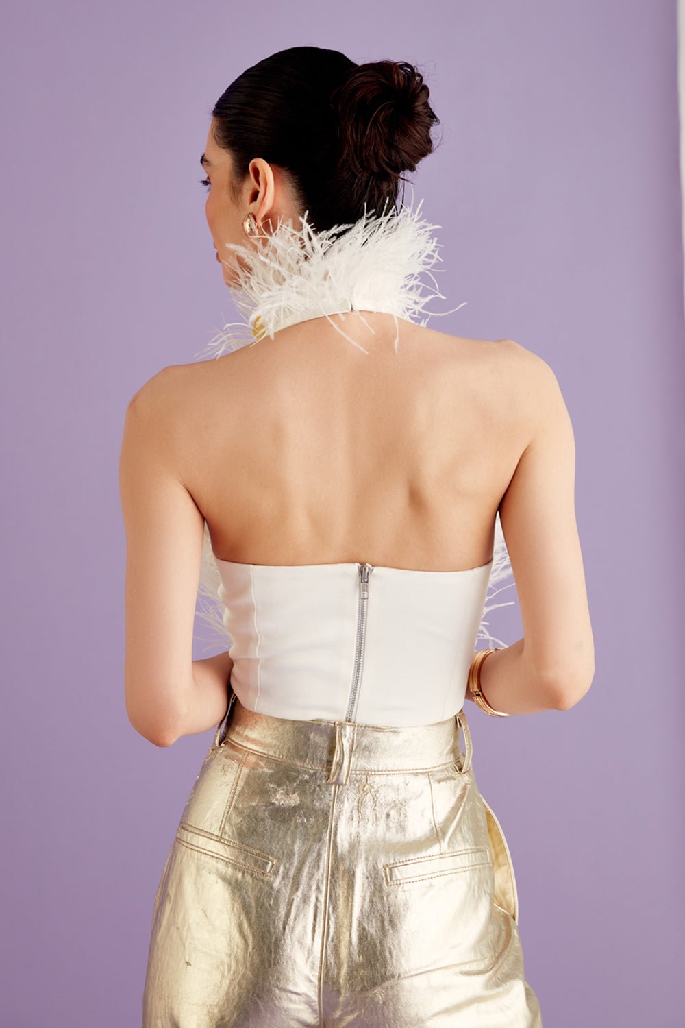 White & Yellow Halter Neck Feather Top - Zabella