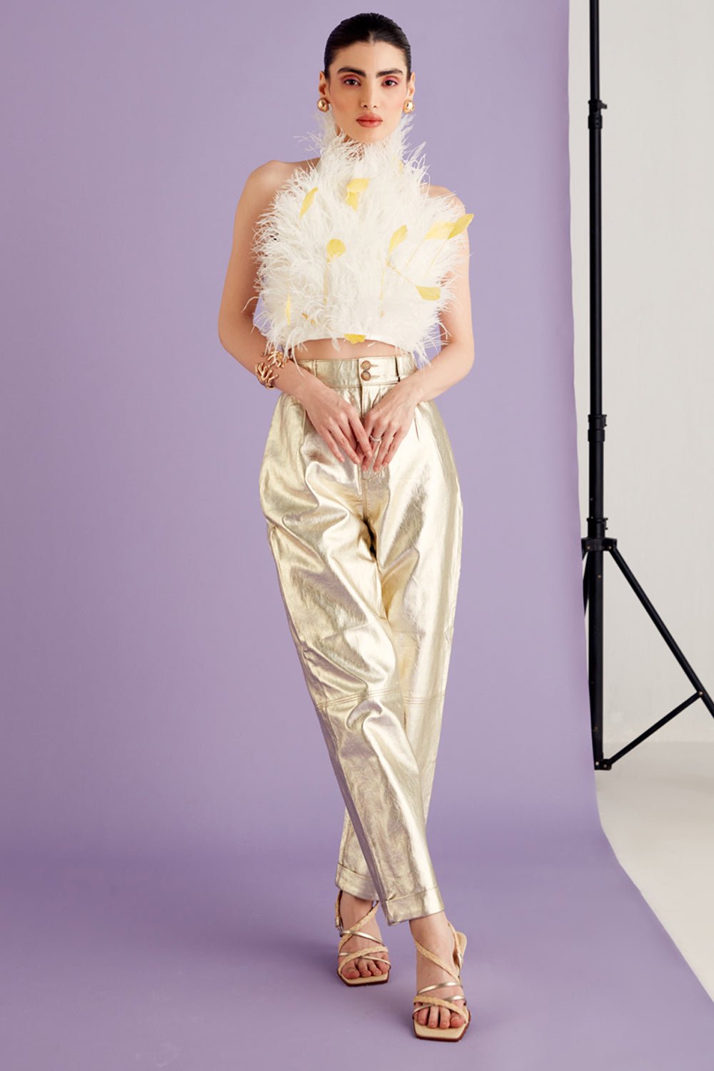 White & Yellow Halter Neck Feather Top - Zabella